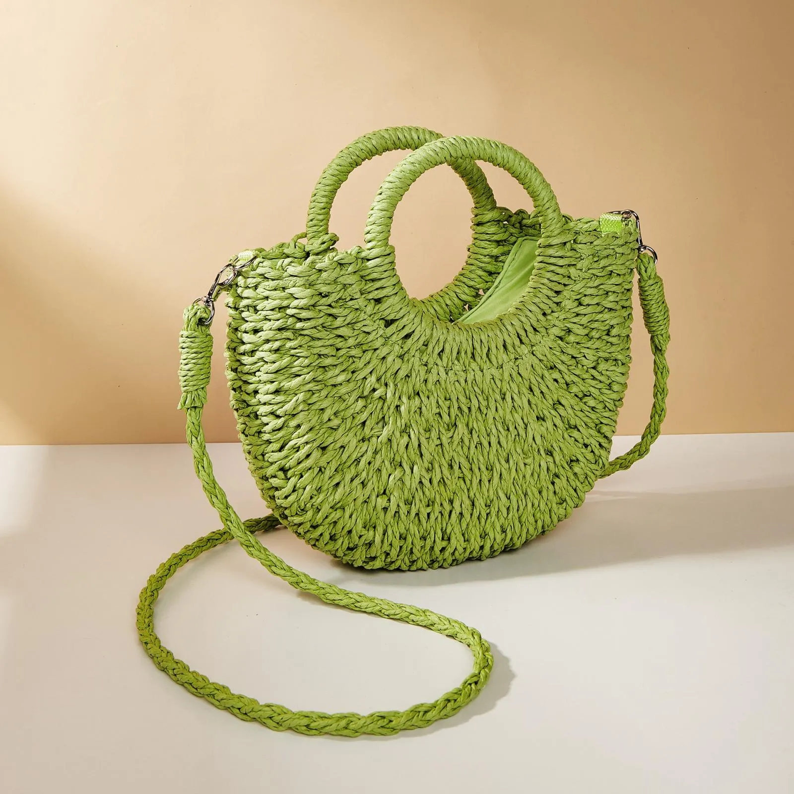 Beige Half Moon Straw Tote Woven Beach Bag