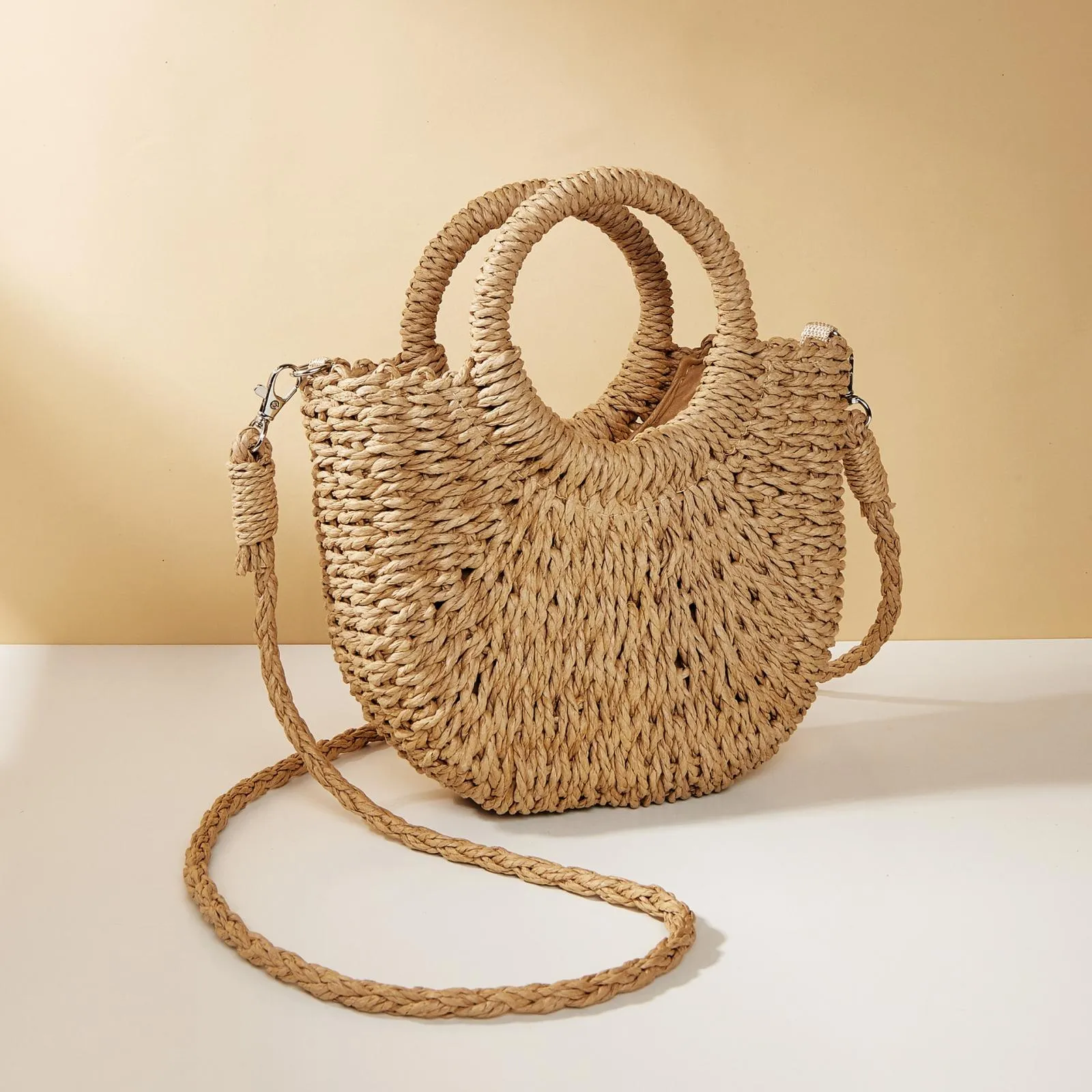 Beige Half Moon Straw Tote Woven Beach Bag