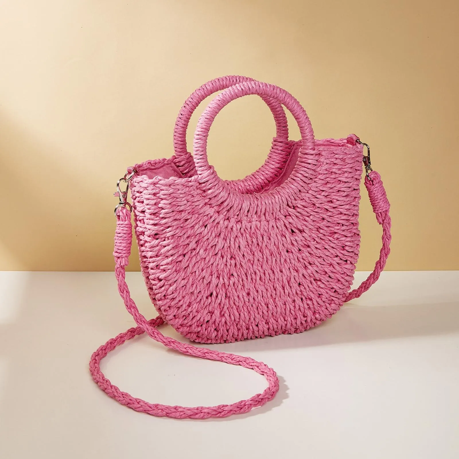 Beige Half Moon Straw Tote Woven Beach Bag