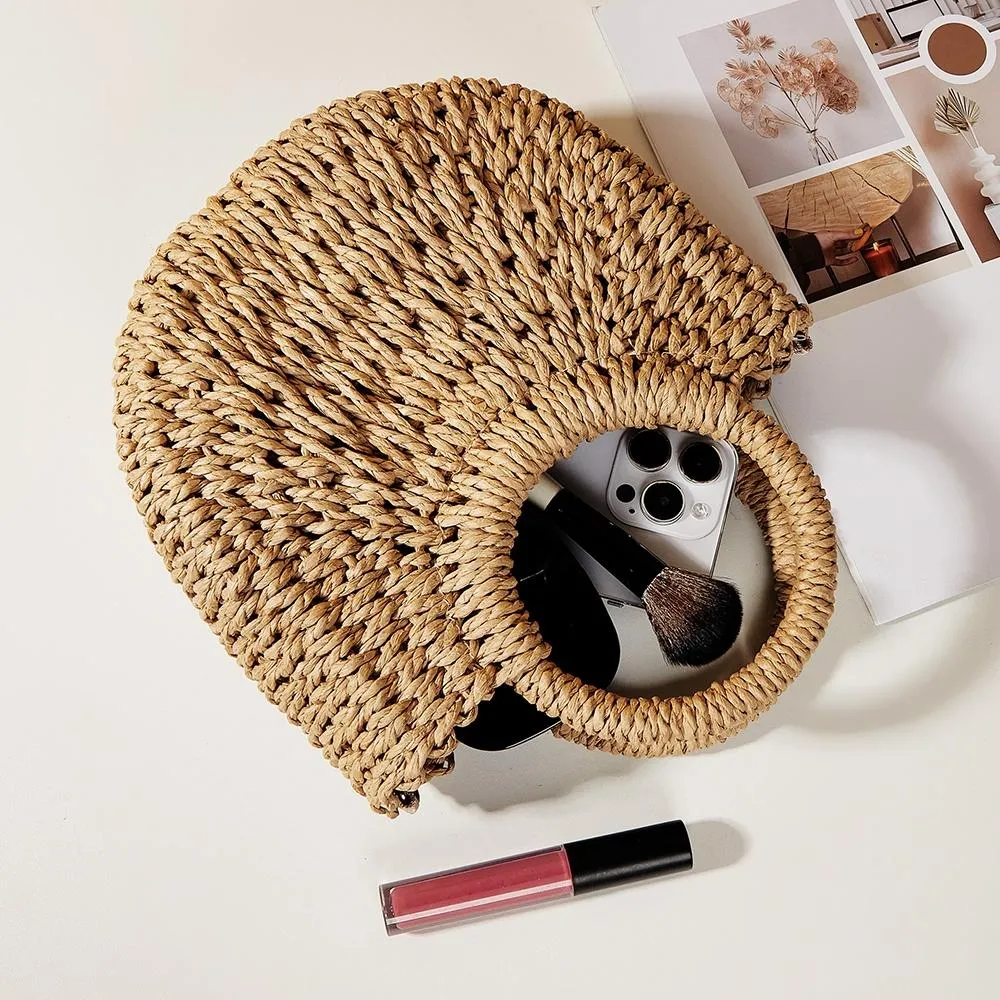 Beige Half Moon Straw Tote Woven Beach Bag