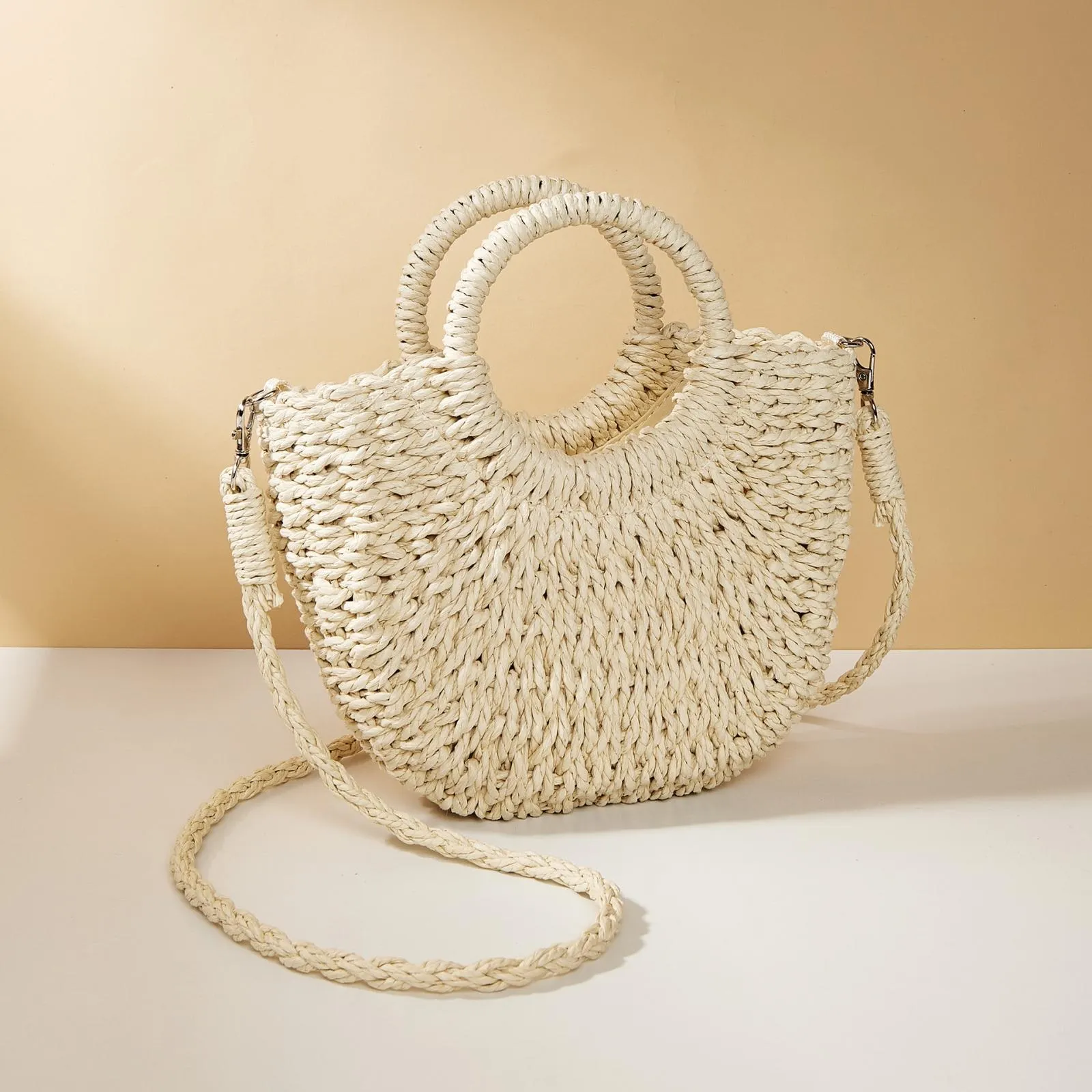 Beige Half Moon Straw Tote Woven Beach Bag