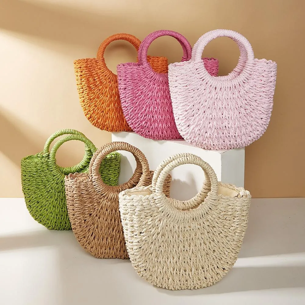 Beige Half Moon Straw Tote Woven Beach Bag