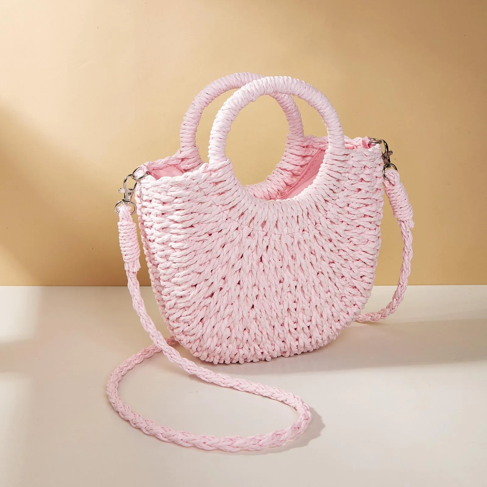 Beige Half Moon Straw Tote Woven Beach Bag