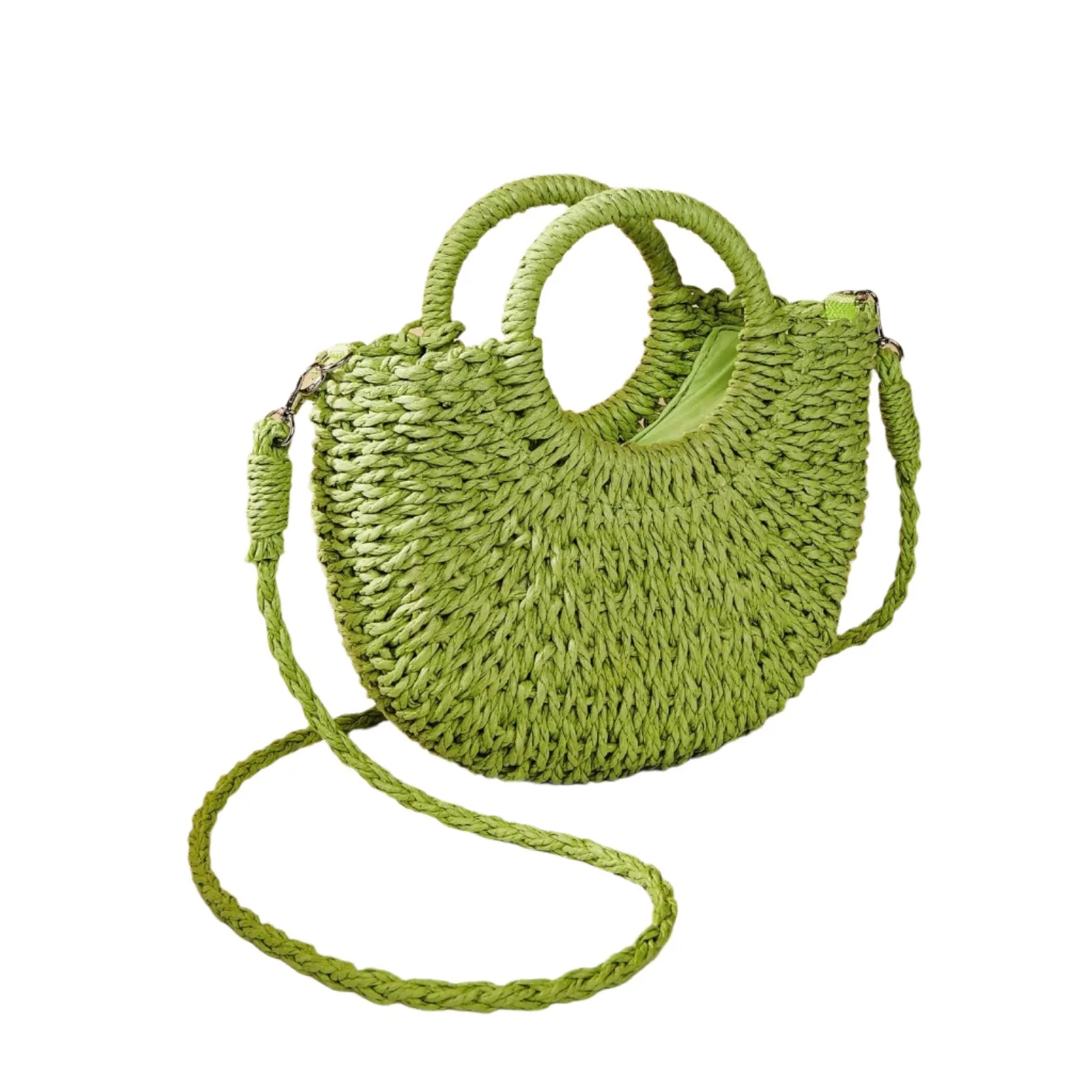 Beige Half Moon Straw Tote Woven Beach Bag
