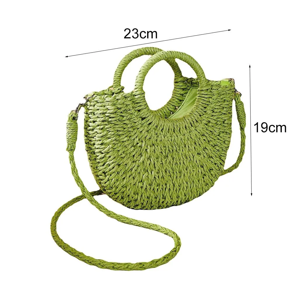 Beige Half Moon Straw Tote Woven Beach Bag