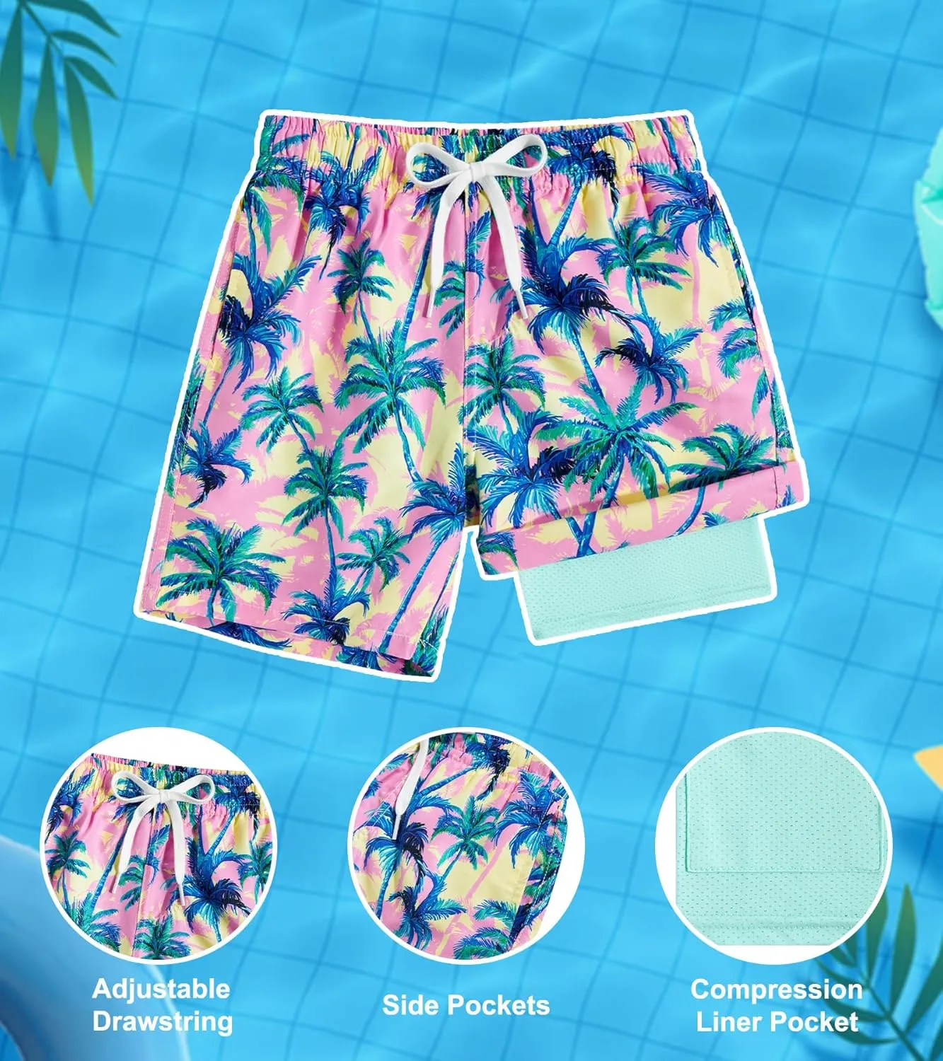Belovecol Boys Swim Trunks with Compression Liner Anti-Chafe Swim Shorts Quick Dry UPF 50  Bathing Suits Swimwear 7-20T