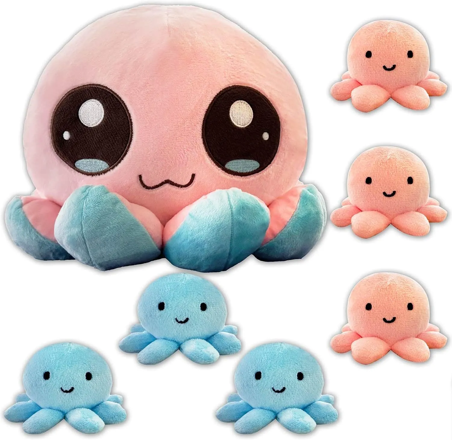 BelugaDesign Octopus Plush Toy | 7 Bulk Bundle Pink Blue Cute Kawaii Anime Soft Cozy Plushie | Large Stuffed Sea Animal Pillow | Fluffy Huggable Mood Flip Squishy Stuffies Plushy for Kids Teens