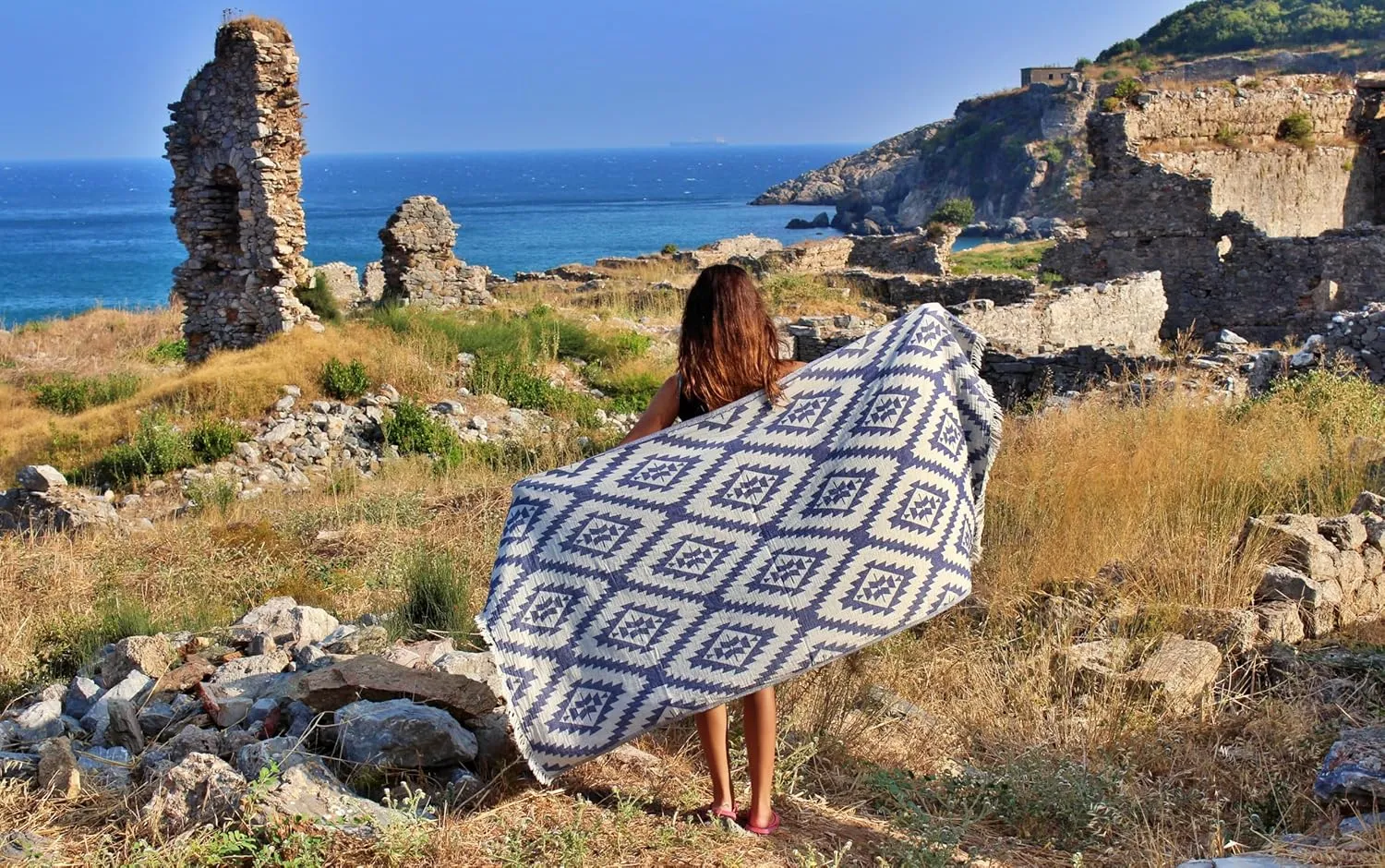 Bersuse 100% Cotton Zipolite Turkish Towel Beach Towel Bath Towel Dual Layer Peshtemal Beach Blanket Beach Essentials - 37x70 Inches, Dark Blue