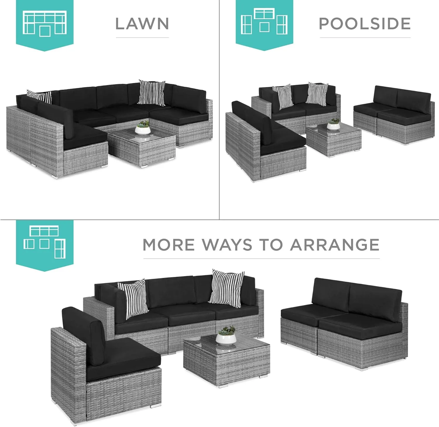 Best Choice Products 7-Piece Modular Outdoor Sectional Wicker Patio Conversation Set w/ 2 Pillows, Coffee Table, Cover Included - Gray/Black