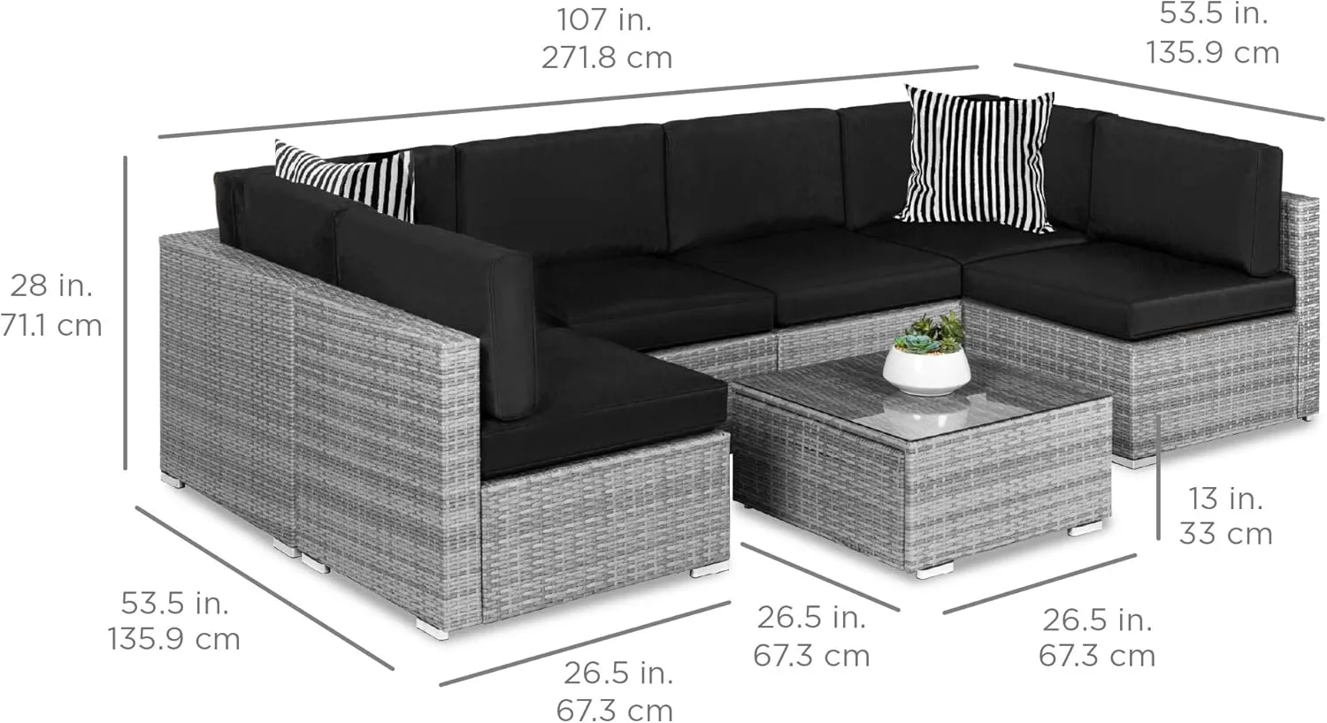 Best Choice Products 7-Piece Modular Outdoor Sectional Wicker Patio Conversation Set w/ 2 Pillows, Coffee Table, Cover Included - Gray/Black