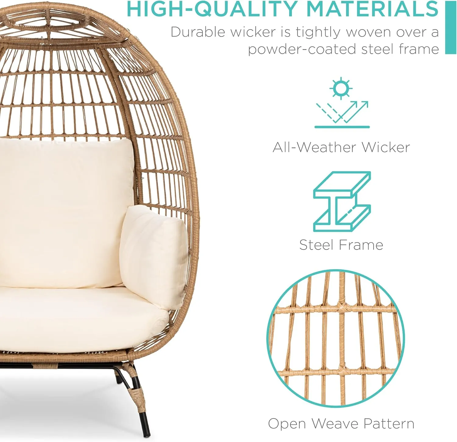 Best Choice Products Wicker Egg Chair, Oversized Indoor Outdoor Lounger for Patio, Backyard, Living Room w/ 4 Cushions, Steel Frame, 440lb Capacity - Ivory