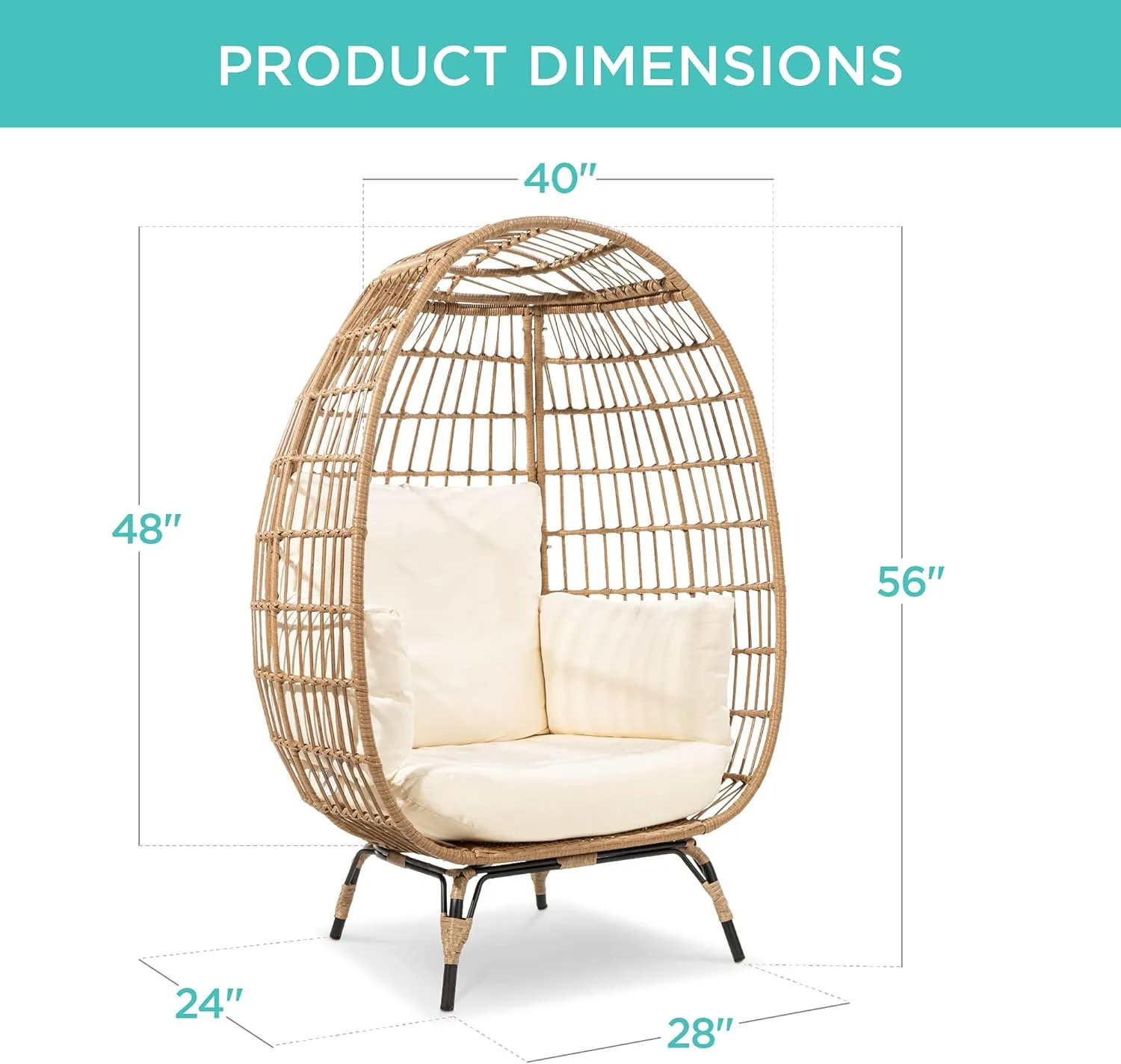 Best Choice Products Wicker Egg Chair, Oversized Indoor Outdoor Lounger for Patio, Backyard, Living Room w/ 4 Cushions, Steel Frame, 440lb Capacity - Ivory
