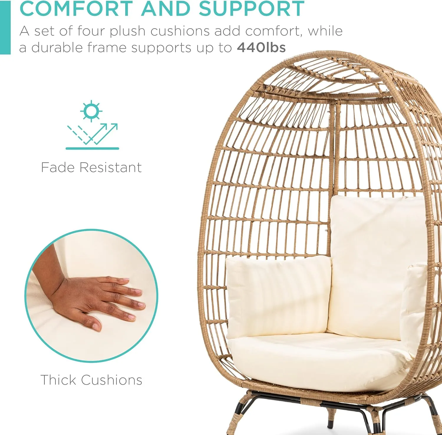 Best Choice Products Wicker Egg Chair, Oversized Indoor Outdoor Lounger for Patio, Backyard, Living Room w/ 4 Cushions, Steel Frame, 440lb Capacity - Ivory
