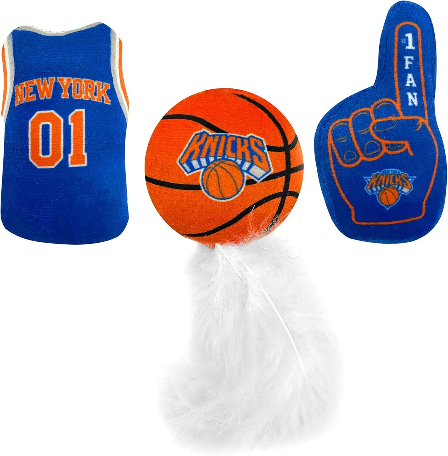Best Plush CAT Toy NBA New York Knicks Complete Set of 3 Piece Cat Toys Filled with Fresh Catnip. Includes: 1 Jersey Cat Toy, 1 Basketball Cat Toy with Feathers & 1#1 Fan Cat Toy. Beautiful Team Logo