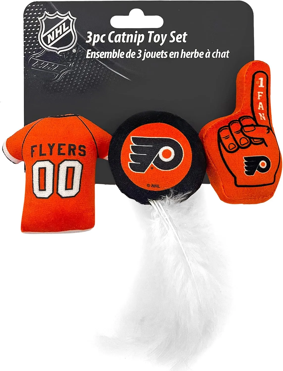 Best Plush CAT Toy NHL Philadelphia Flyers Complete Set of 3 Piece Cat Toys Filled with Fresh Catnip. Includes: 1 Jersey Cat Toy, 1 Hockey Puck Cat Toy with Feathers & 1#1 Fan Cat Toy. with Team Logo