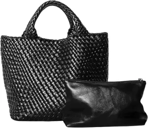 BEVIVID Woven Bag for Women,Vegan Leather Tote Bag with Purse,Beach Travel Handbag,Daily Tote Bag