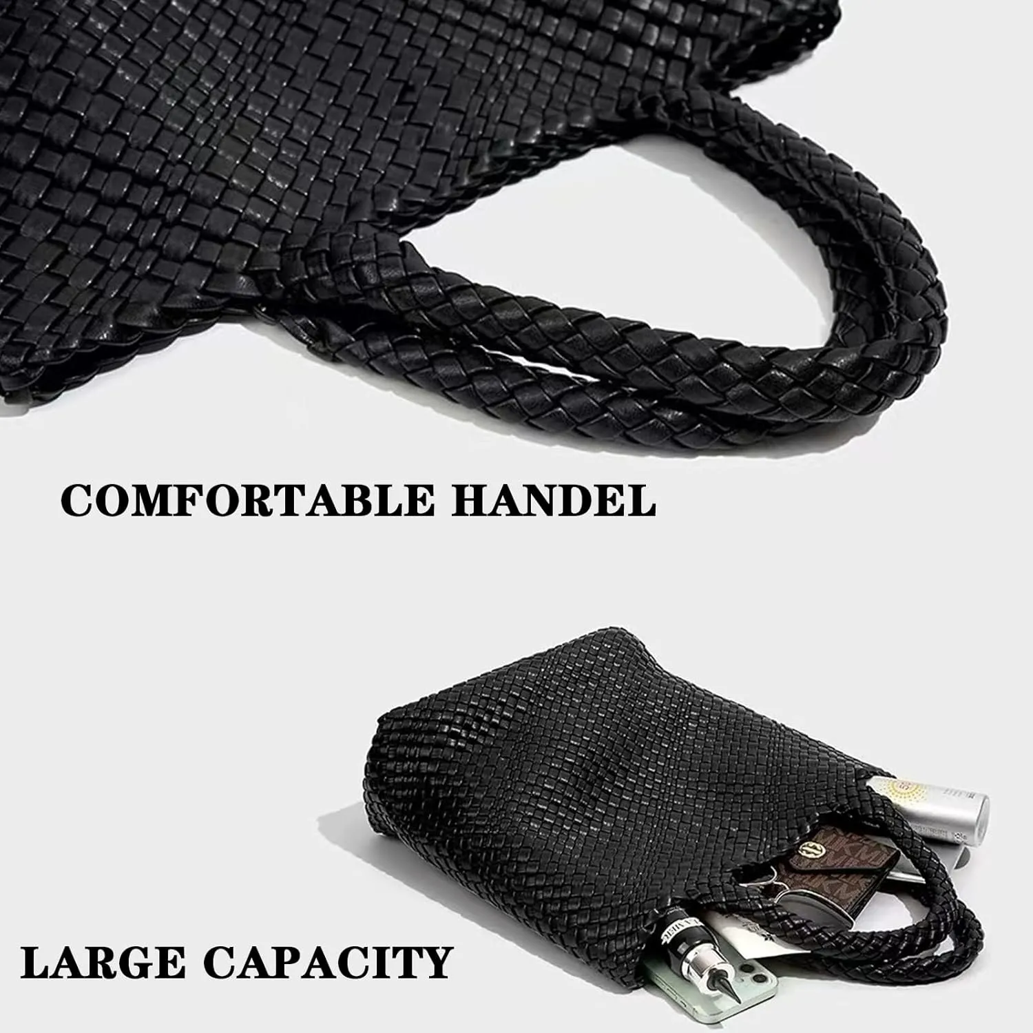BEVIVID Woven Bag for Women,Vegan Leather Tote Bag with Purse,Beach Travel Handbag,Daily Tote Bag