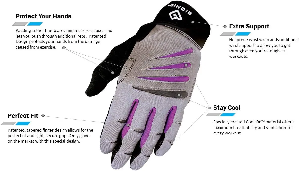 BIONIC Gloves Women's Premium Full Finger Fitness Gloves, Gray/Purple (Pair)!