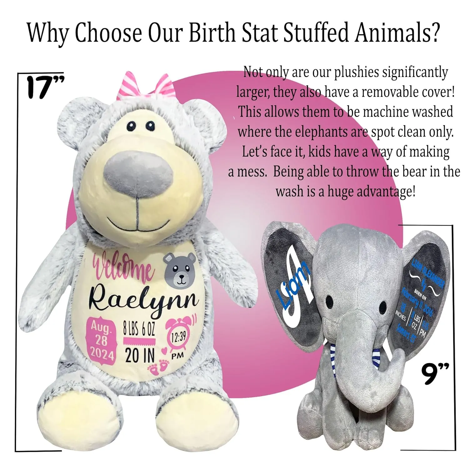 Birth Stat Stuffed Animal - Birth Announcement Stuffed Animals - Personalized Baby Boy Gifts - Baby Shower Gift - Birth Information Plush - Free Gift Wrapping - Removable Cover (Grey Bear)
