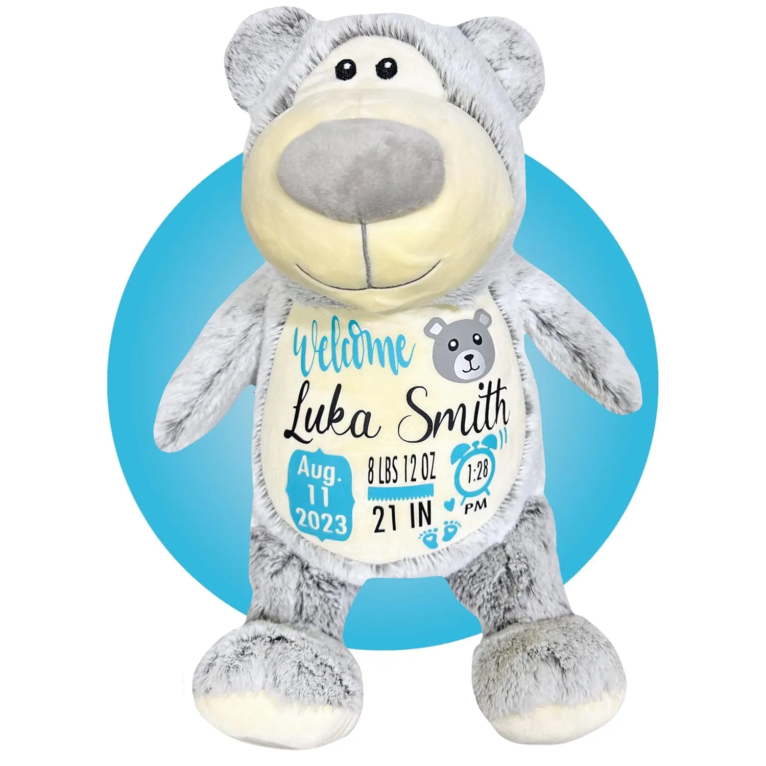 Birth Stat Stuffed Animal - Birth Announcement Stuffed Animals - Personalized Baby Boy Gifts - Baby Shower Gift - Birth Information Plush - Free Gift Wrapping - Removable Cover (Grey Bear)