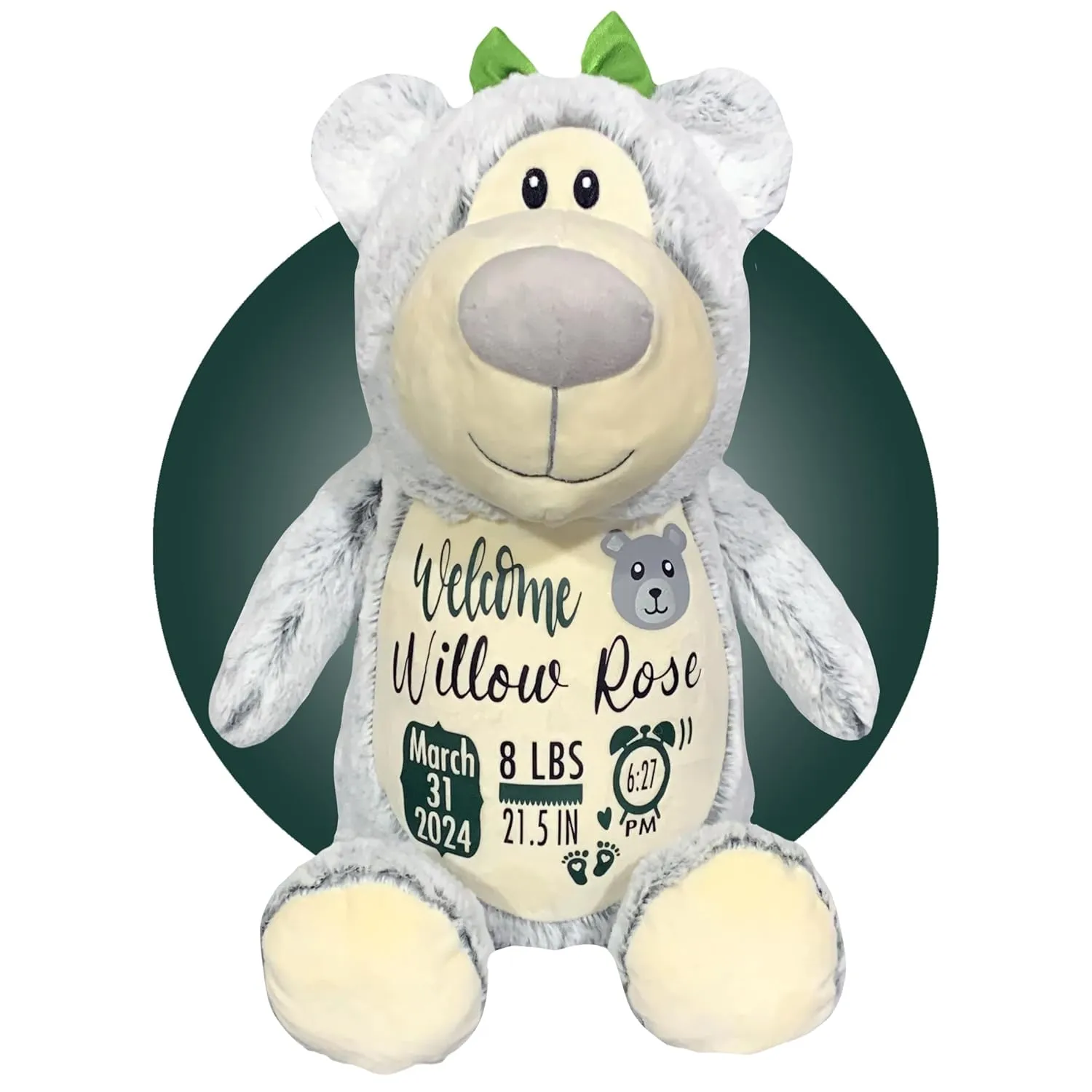 Birth Stat Stuffed Animal - Birth Announcement Stuffed Animals - Personalized Baby Boy Gifts - Baby Shower Gift - Birth Information Plush - Free Gift Wrapping - Removable Cover (Grey Bear)