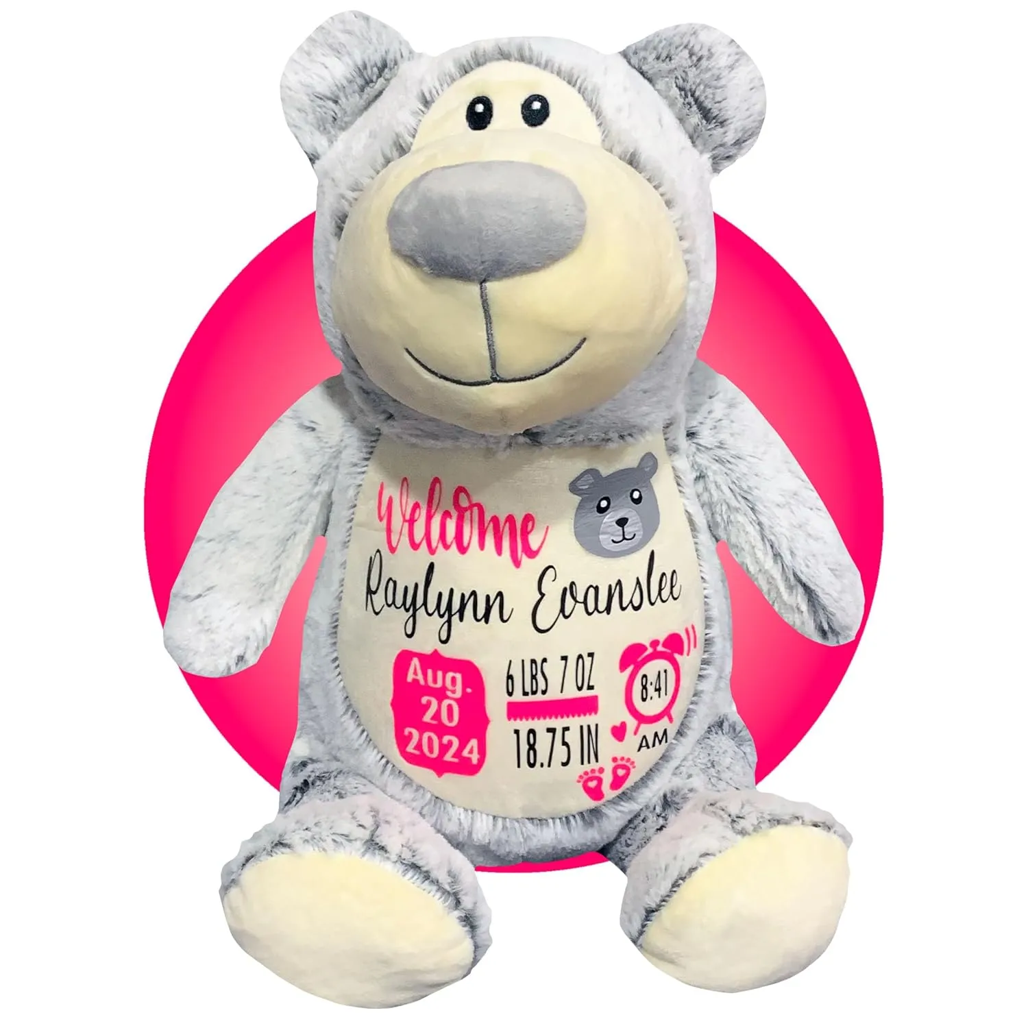 Birth Stat Stuffed Animal - Birth Announcement Stuffed Animals - Personalized Baby Boy Gifts - Baby Shower Gift - Birth Information Plush - Free Gift Wrapping - Removable Cover (Grey Bear)