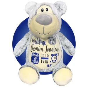 Birth Stat Stuffed Animal - Birth Announcement Stuffed Animals - Personalized Baby Boy Gifts - Baby Shower Gift - Birth Information Plush - Free Gift Wrapping - Removable Cover (Grey Bear)