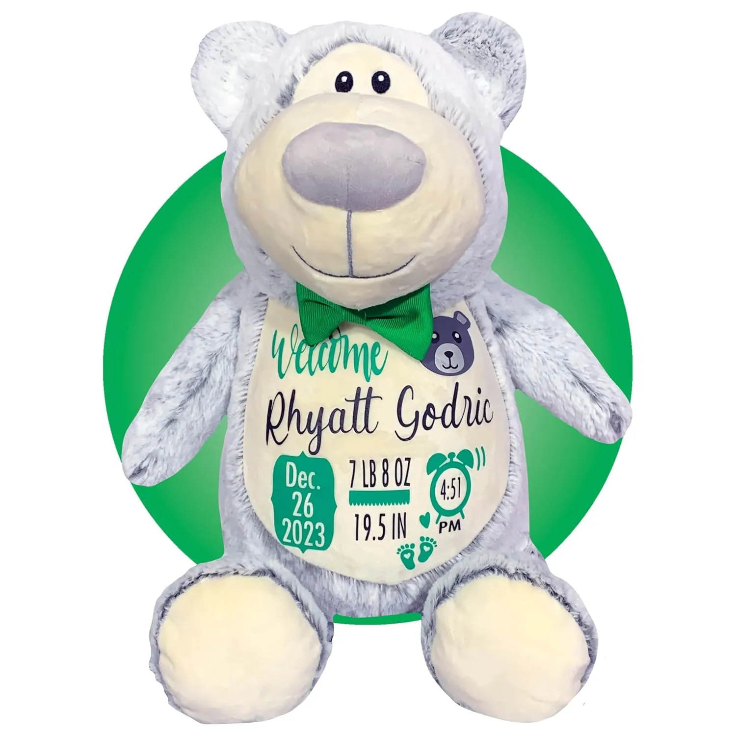 Birth Stat Stuffed Animal - Birth Announcement Stuffed Animals - Personalized Baby Boy Gifts - Baby Shower Gift - Birth Information Plush - Free Gift Wrapping - Removable Cover (Grey Bear)