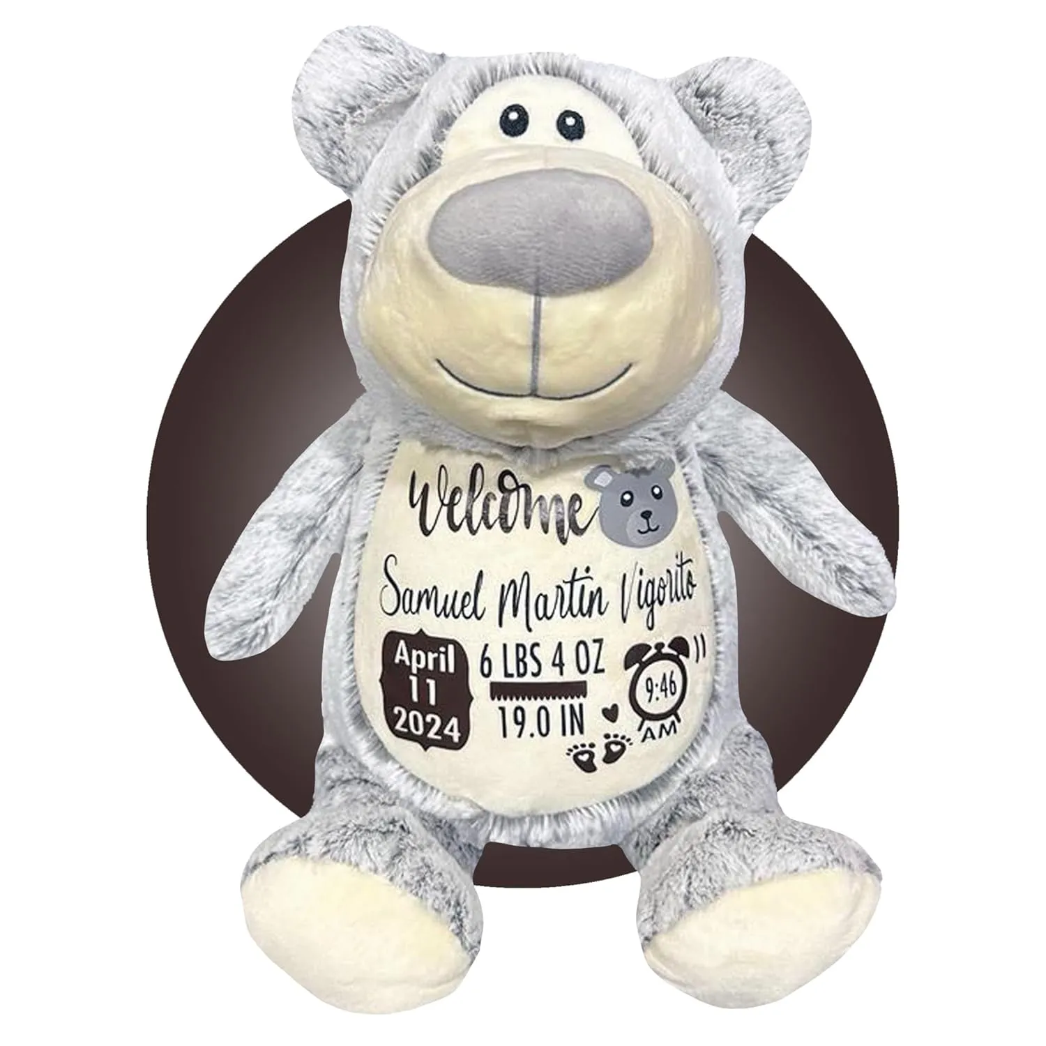 Birth Stat Stuffed Animal - Birth Announcement Stuffed Animals - Personalized Baby Boy Gifts - Baby Shower Gift - Birth Information Plush - Free Gift Wrapping - Removable Cover (Grey Bear)