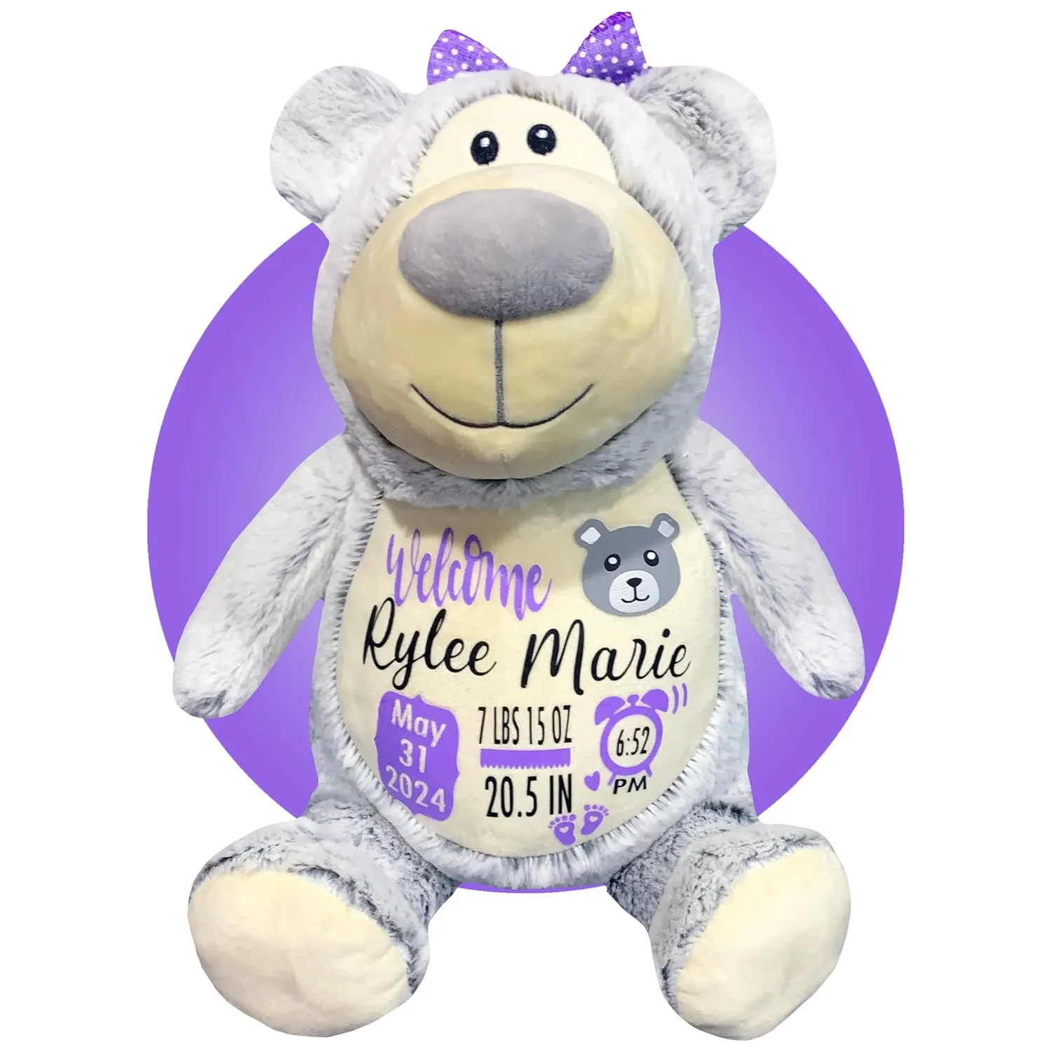 Birth Stat Stuffed Animal - Birth Announcement Stuffed Animals - Personalized Baby Boy Gifts - Baby Shower Gift - Birth Information Plush - Free Gift Wrapping - Removable Cover (Grey Bear)