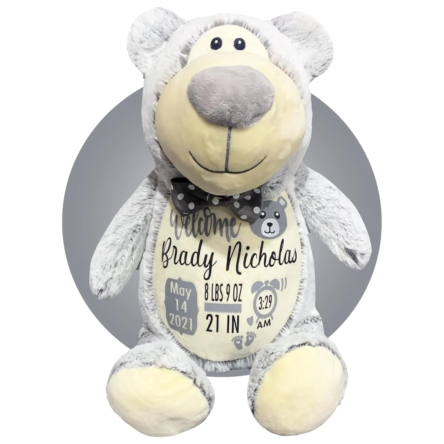 Birth Stat Stuffed Animal - Birth Announcement Stuffed Animals - Personalized Baby Boy Gifts - Baby Shower Gift - Birth Information Plush - Free Gift Wrapping - Removable Cover (Grey Bear)