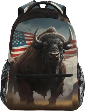 Bison American Flag Grass Backpack Daypack Shoulder Bag Book Bag Lightweight Back Pack 11.4 ×16 In