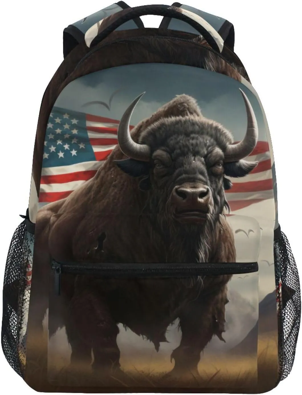 Bison American Flag Grass Backpack Daypack Shoulder Bag Book Bag Lightweight Back Pack 11.4 ×16 In