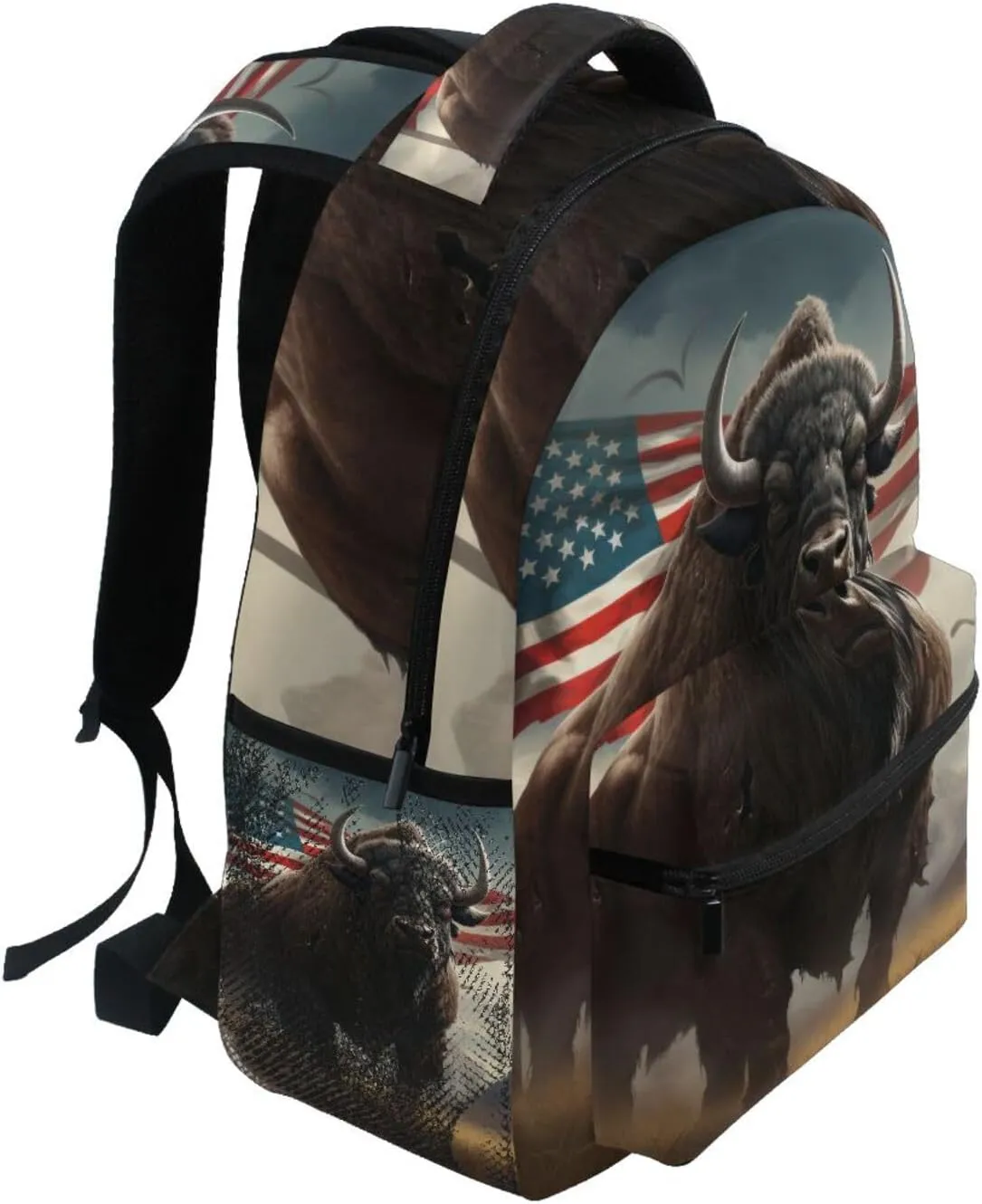 Bison American Flag Grass Backpack Daypack Shoulder Bag Book Bag Lightweight Back Pack 11.4 ×16 In