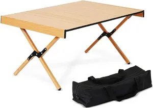 BK&MF Portable Folding Camping Table,Ultralight Wooden Picnic Travel Table with Carry Bag Roll-up Table for Beach, Picnics,Cooking,A,90x60x44cm(35x24x17inch)
