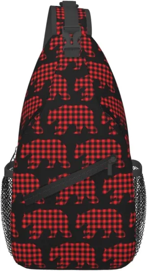 Black Red Buffalo Plaid Bears Crossbody Bag Cross Chest Bag Adjustable Sling Backpack Sports Gym Shoulder Bags Travel Cycling Daypack Diagonally Casual Rucksack