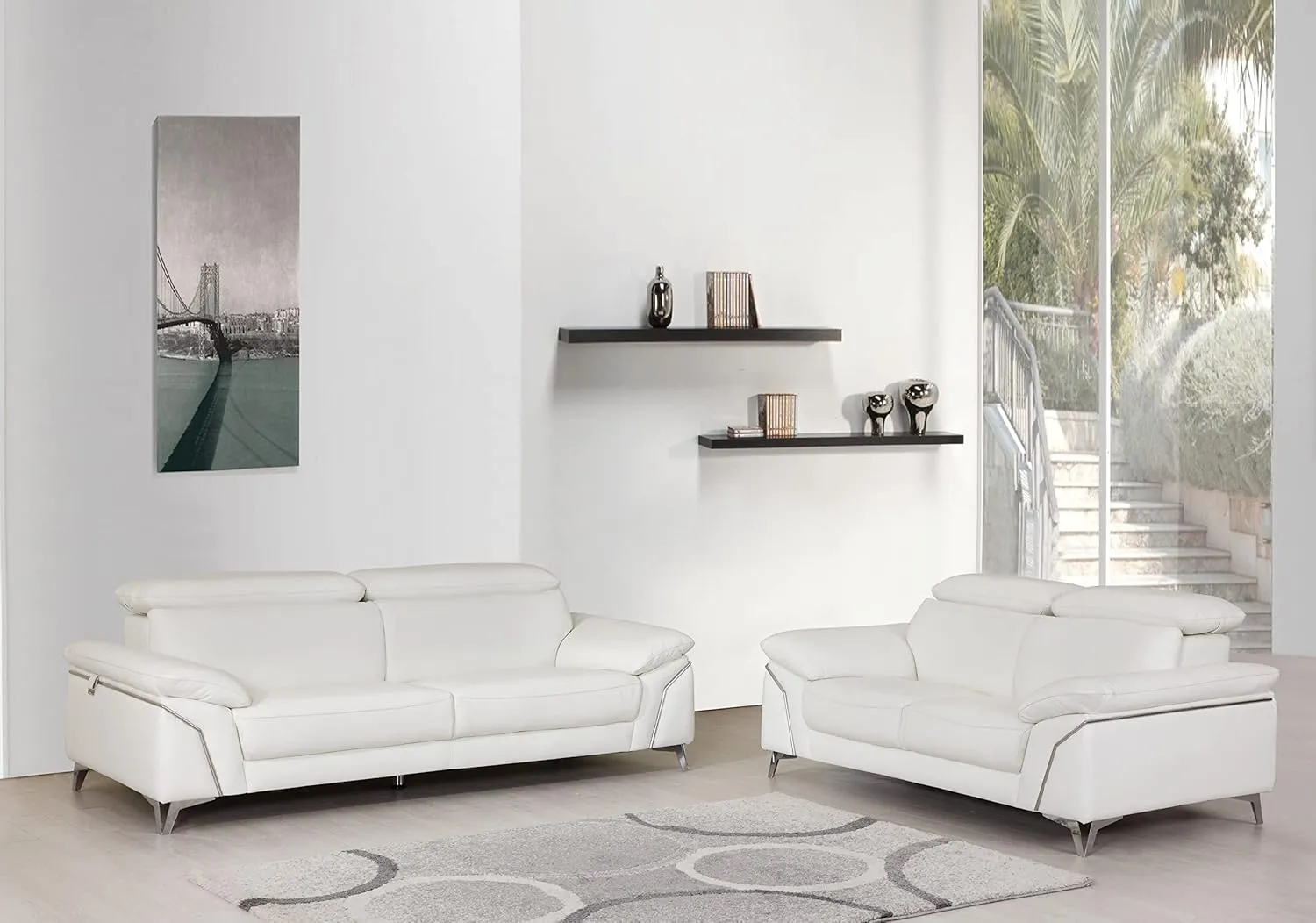 Blackjack Furniture Naples Top Grain Genuine Italian Leather Sofa with Adjustable Headrests Sofa, 88", Snow White