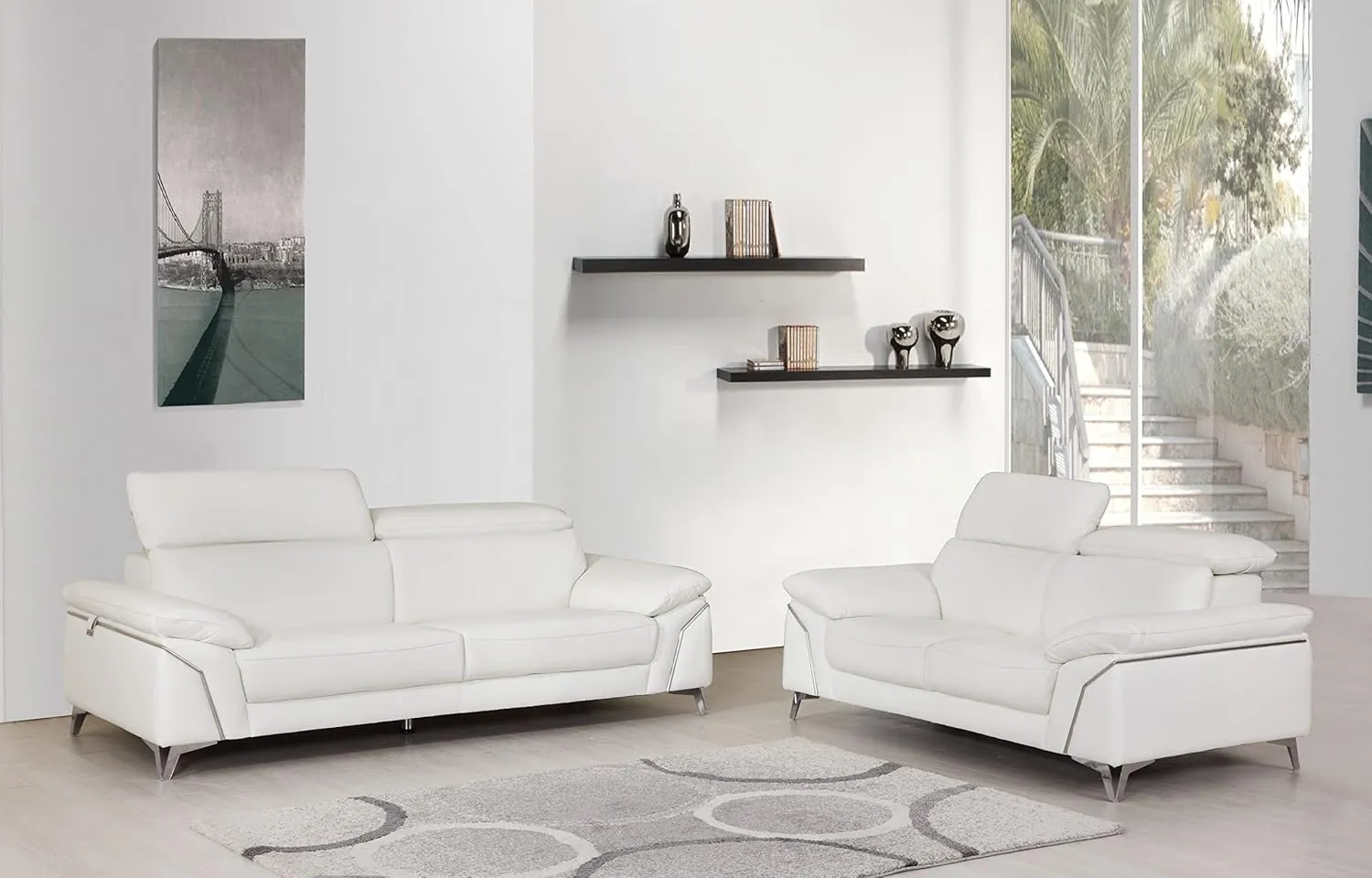 Blackjack Furniture Naples Top Grain Genuine Italian Leather Sofa with Adjustable Headrests Sofa, 88", Snow White