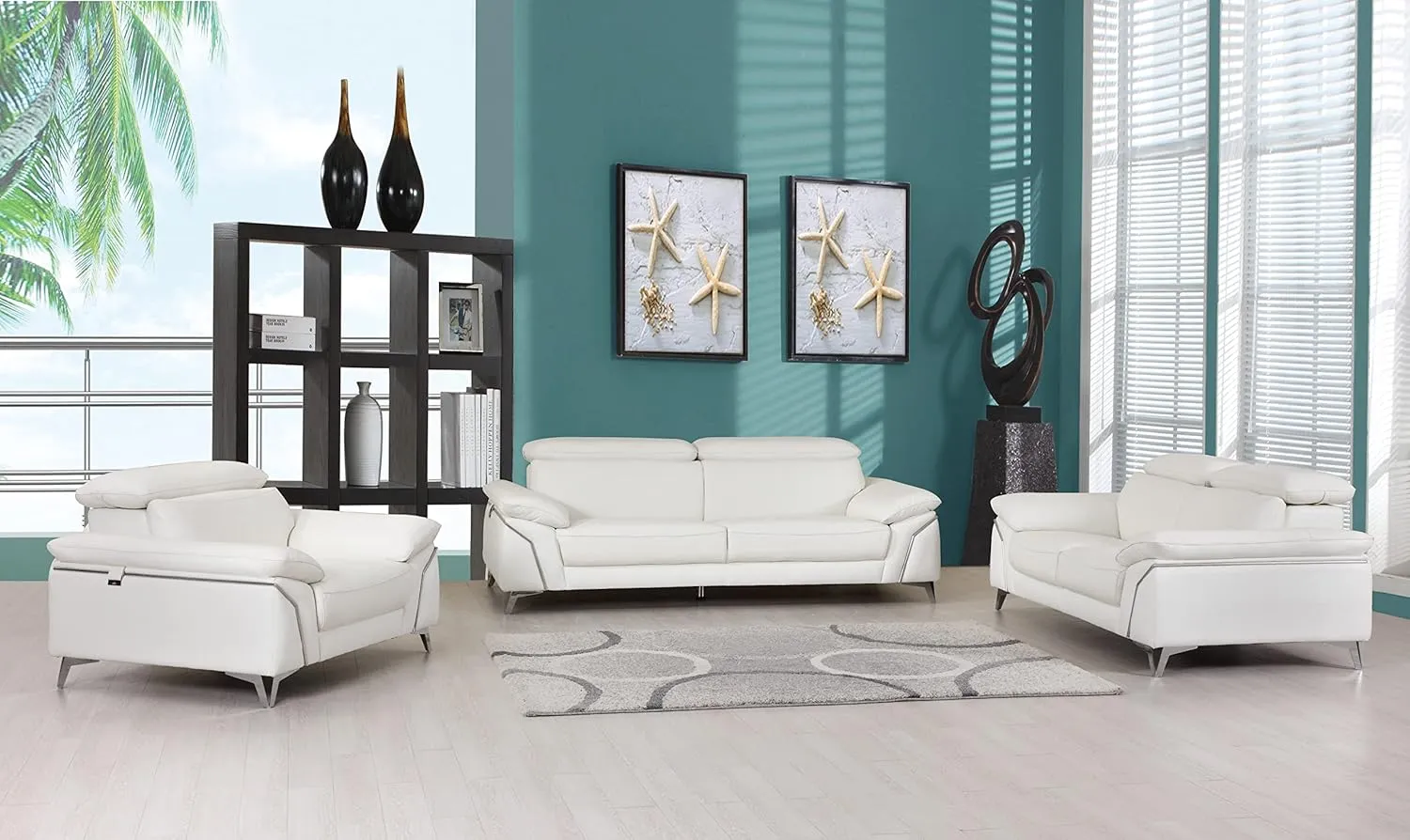 Blackjack Furniture Naples Top Grain Genuine Italian Leather Sofa with Adjustable Headrests Sofa, 88", Snow White
