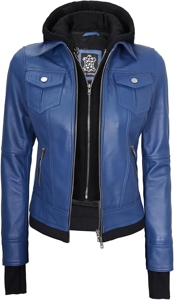 Blingsoul Leather Bomber Jacket Women - Real Lambskin Womens Leather Jackets with Removable Hood