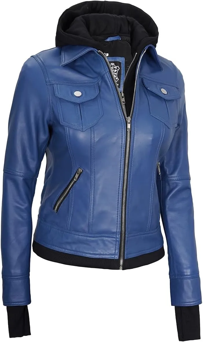 Blingsoul Leather Bomber Jacket Women - Real Lambskin Womens Leather Jackets with Removable Hood