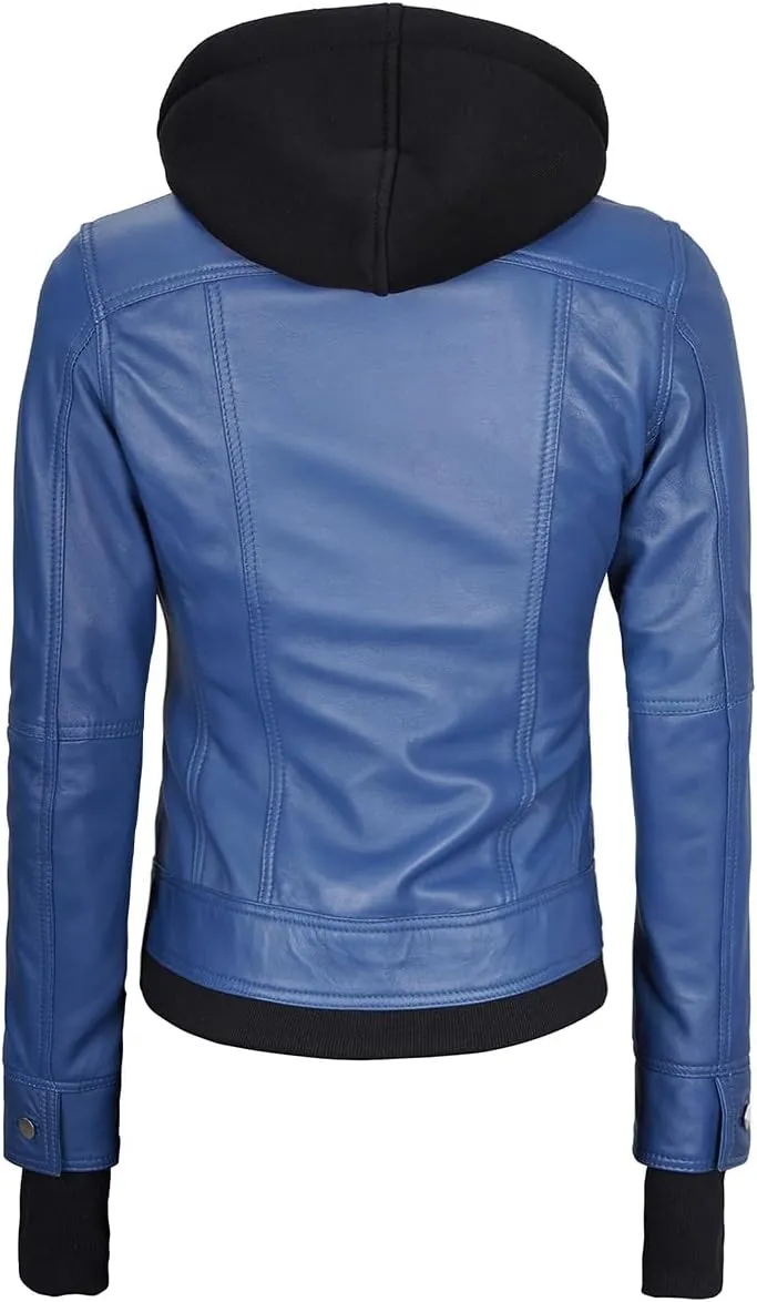 Blingsoul Leather Bomber Jacket Women - Real Lambskin Womens Leather Jackets with Removable Hood