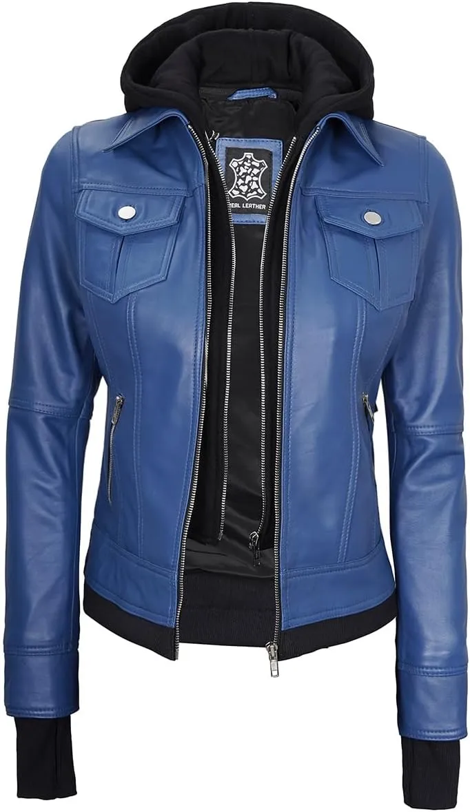 Blingsoul Leather Bomber Jacket Women - Real Lambskin Womens Leather Jackets with Removable Hood