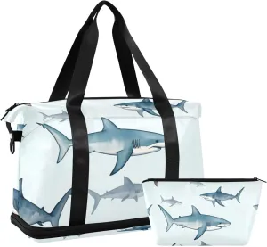 Blue Cartoon Shark Versatile Sports Travel Bag - Lasting Twill Tote, Removable Wheel & Rod Bagging, Multi-pocket Design, Complimentary Makeup Bag