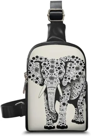 Boho Ethnic Elephant Sling Chest Bag for Women, Bohemia Animal Print PU Leather Small Travel Shoulder Bags Purse for Hiking Travel Daypack