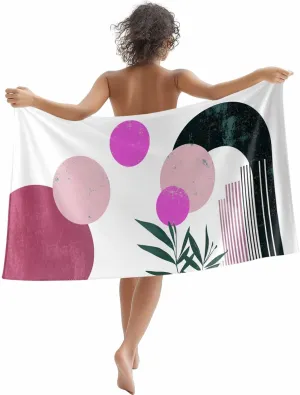 Boho Middle Century Microfiber Sandproof Beach Towel for Pool Swimming, Abstract Pink Geometric Botanical Quick Dry Absorbent Soft Towels for Bath Camping Travel, Lightweight Breathable 30"x60"
