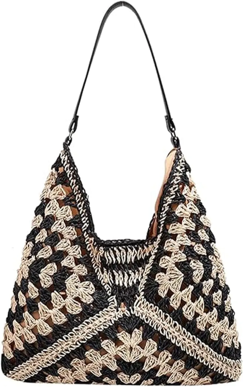 Boho Straw Beach Bags for Women Summer Beach Tote Bag Vintage Classic Shoulder Bag Straw Bags Women Handbags for Travel Vacation