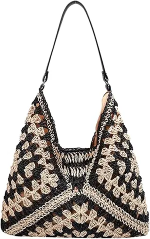 Boho Straw Beach Bags for Women Summer Beach Tote Bag Vintage Classic Shoulder Bag Straw Bags Women Handbags for Travel Vacation