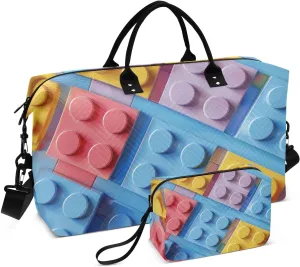 Bolaz Duffle Bag for Travel-Lego Colorful Pattern3，Weekender Overnight Bag with Wet Pocket for Women，Large Carry On Airport Bag with Toiletry Bag for Travel, Business Trips, Sports