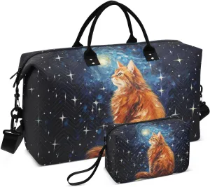 Bolaz Duffle Bag for Travel-Starry Sky cat，Weekender Overnight Bag with Wet Pocket for Women，Large Carry On Airport Bag with Toiletry Bag for Travel, Business Trips, Sports